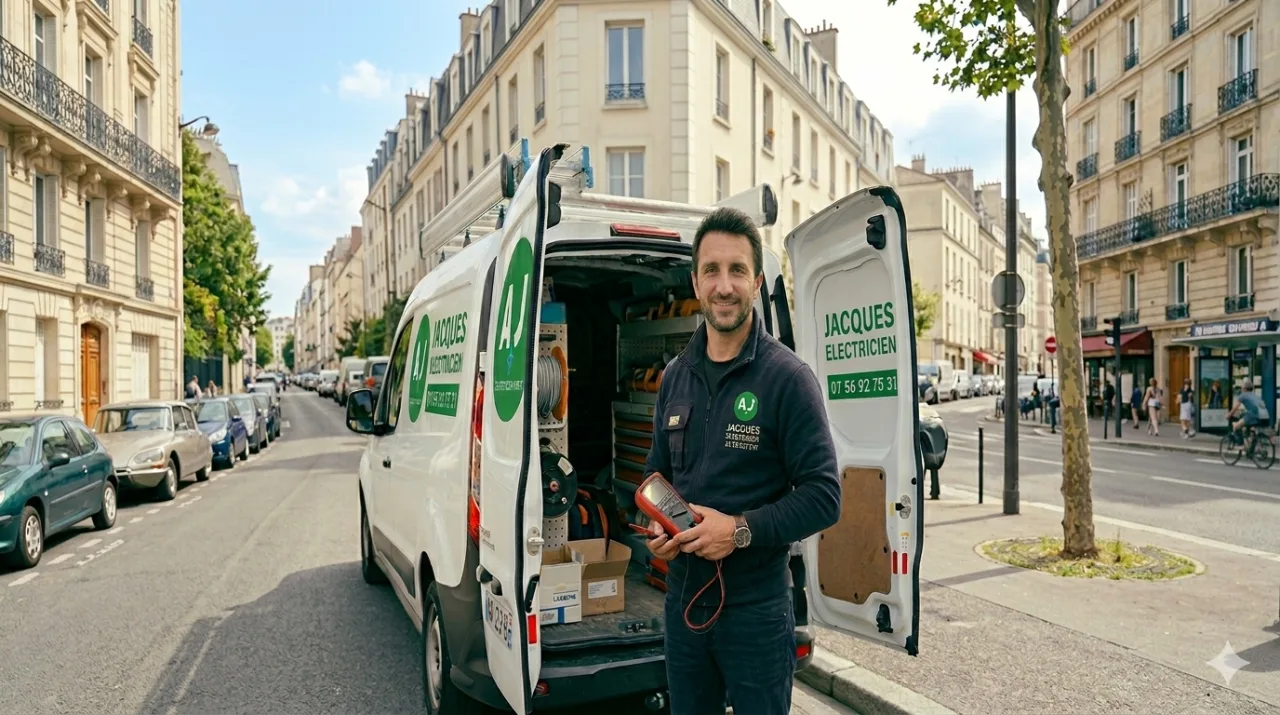 Jacques, artisan électricien, devant son véhicule d'intervention dans une rue de Paris